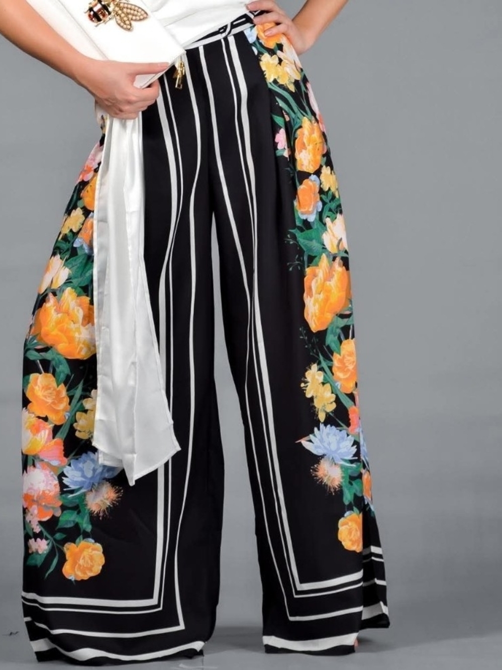 Jealous Tomato Rio Wide Leg Palazzo Pants NWT Stripe Floral Border Large
